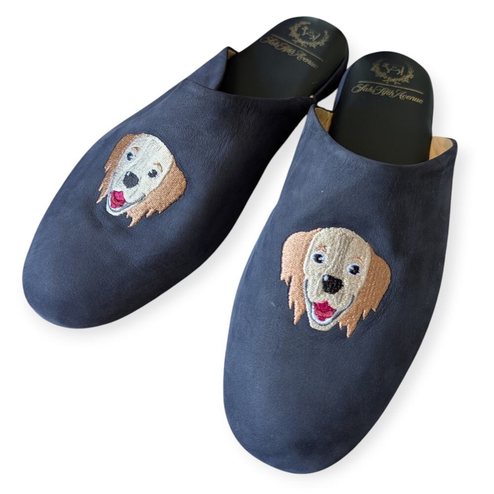 Del Toro x Saks Fifth Avenue Dog Embroidered Navy Blue House Slippers Mens 10.5